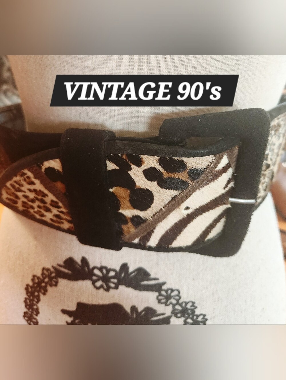 90's LUXURY Black Suede LEATHER JUNGLE Leopard Zebra COWHIDE 3" Wide Belt 38"
